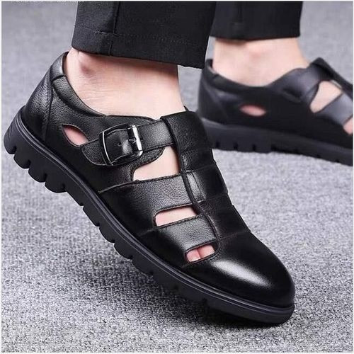 Men's Palm Sandals PU Leather Shoes Comfortable Soft Sole Casual Black